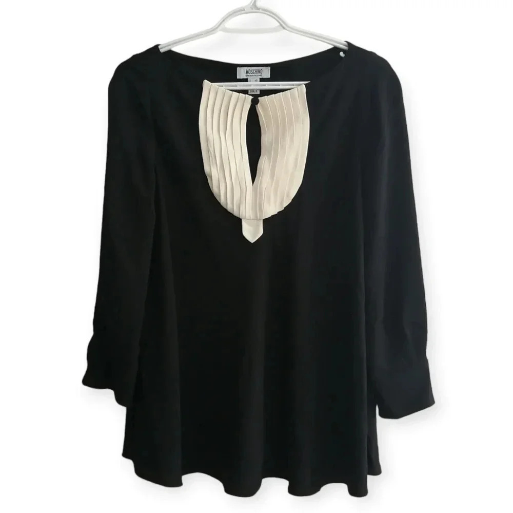 Moschino Cheap and Chic Pleated Tuxedo Style 100% Silk Long Sleeve Blouse Size 6
